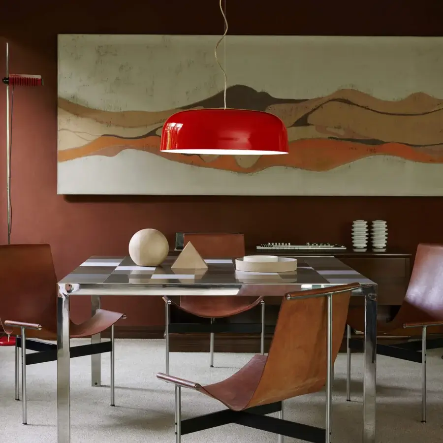 Superior Oluce Canopy suspension lamp in red metal with a glossy smooth finish and circline bulb