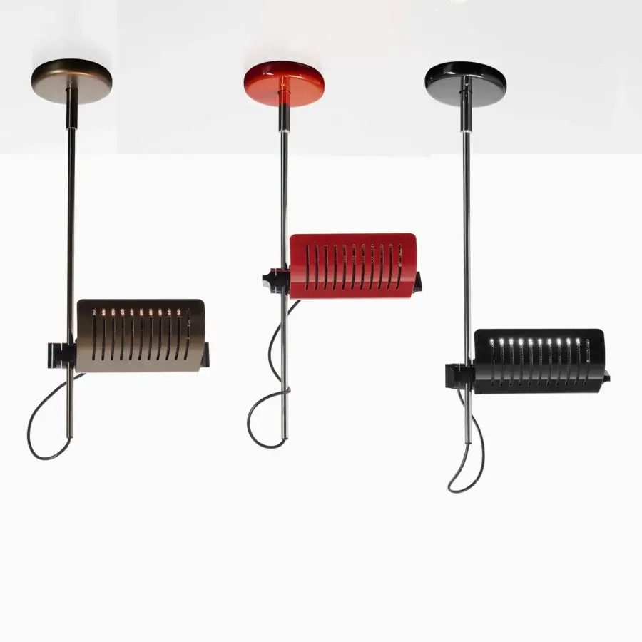 Superior Oluce Colombo suspension lamp with sleek metal construction and adjustable red reflector alongside black support