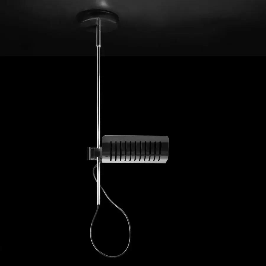 Distinguished Oluce Colombo suspension lamp with a sleek metal form and reflective silver finish