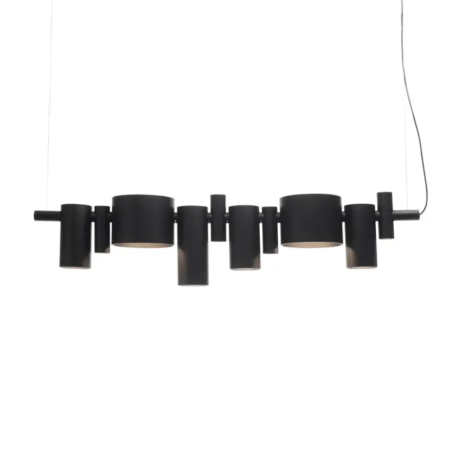 Captivating Oluce Dancing Queen suspension lamp crafted in matte black metal with a dynamic arrangement of cylindrical and conical lights