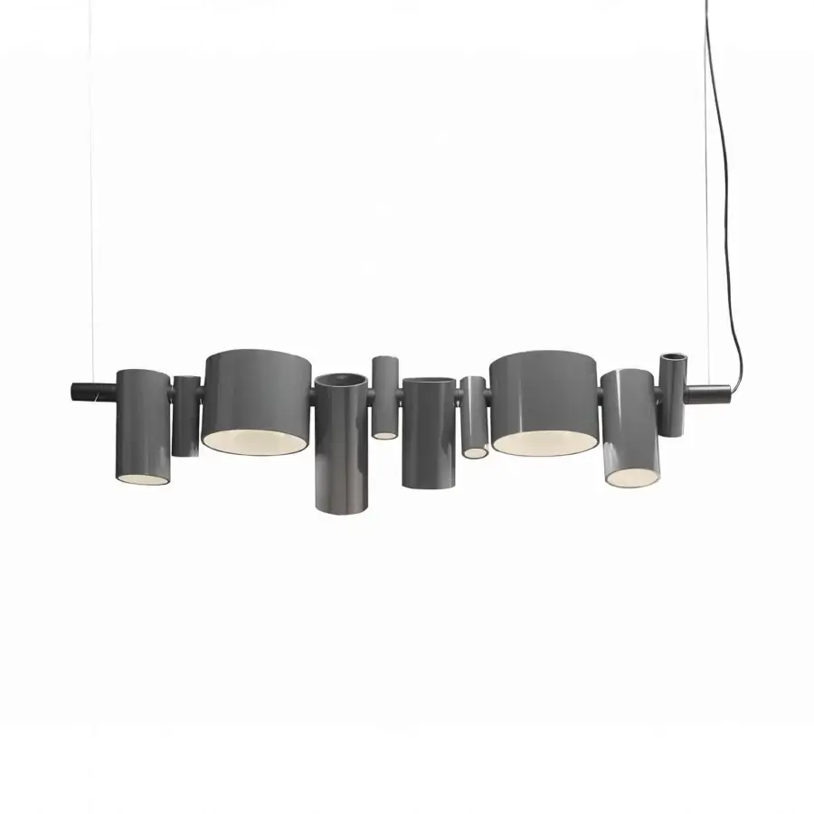 Distinguished Oluce Dancing Queen suspension lamp crafted in matte dark gray metal with adjustable cylindrical lights