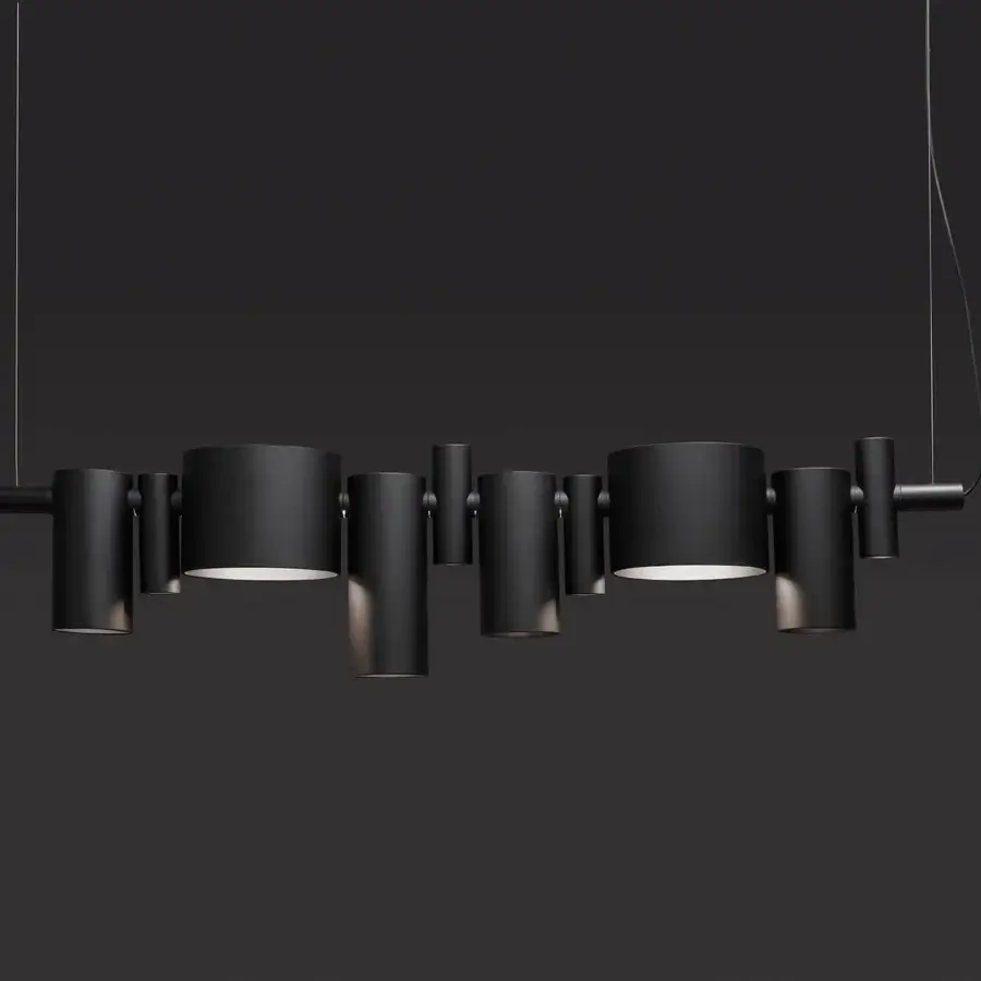 Superior Oluce Dancing Queen suspension lamp crafted in dark-toned metal with a matte finish, presenting a linear arrangement of adjustable cylindrical lights