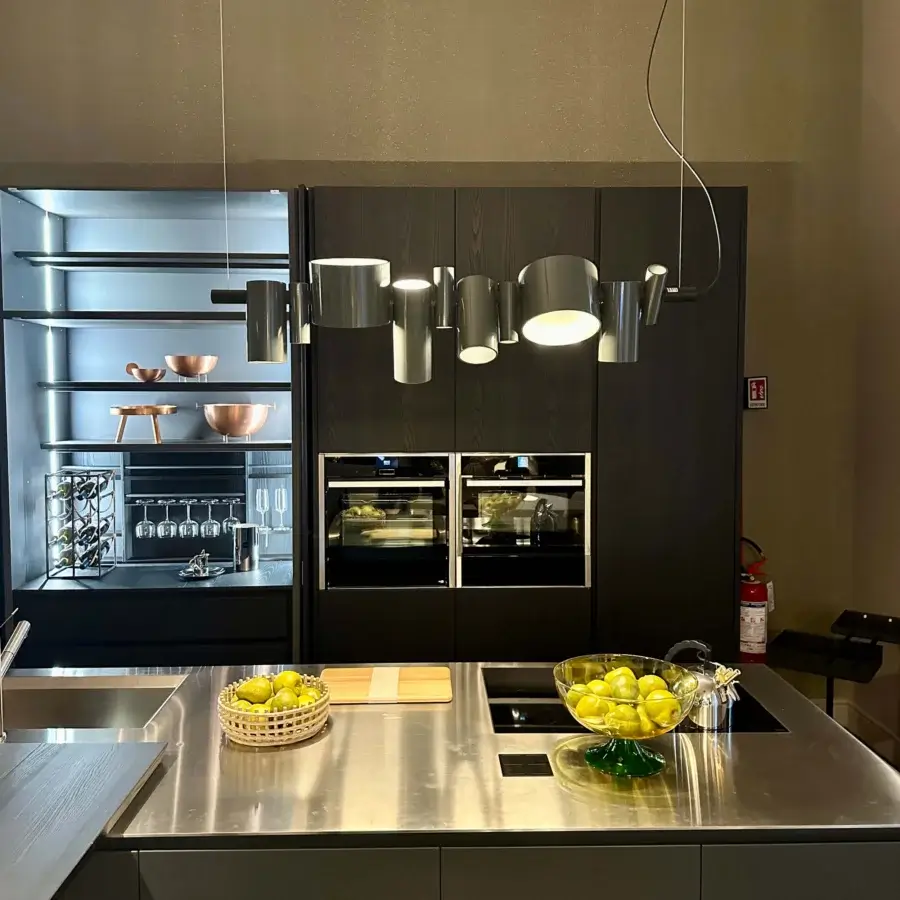 Distinguished Oluce Dancing Queen suspension lamp crafted in silver-grey metal with a polished satin finish and tiered cylindrical form