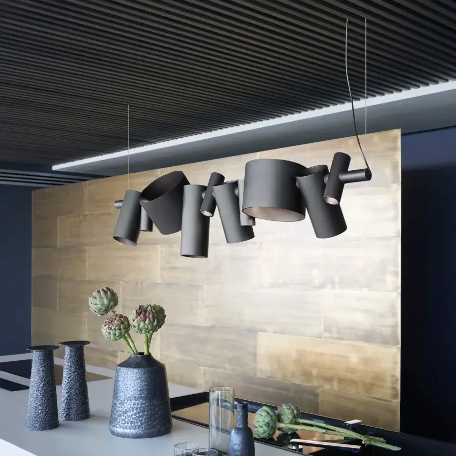 Exceptional Oluce Dancing Queen suspension lamp crafted in dark gray metal with a matte finish and adjustable cylindrical lights