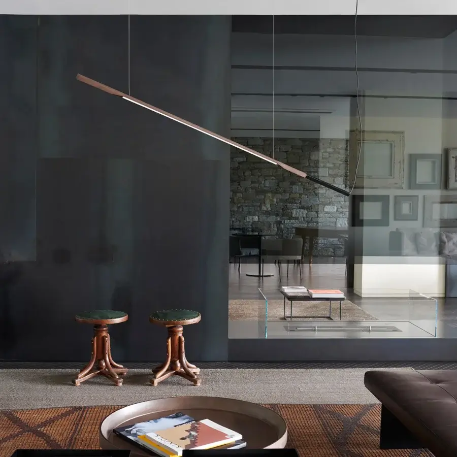 Sophisticated Oluce Ilo suspension lamp crafted in aluminum with a matte deep gray finish and clean linear design