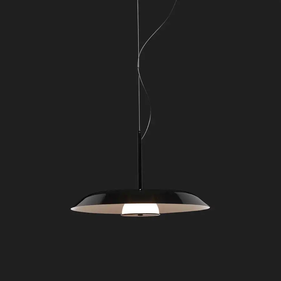 Superior Oluce Iride suspension lamp crafted in metal with a black exterior and reflective white interior finish