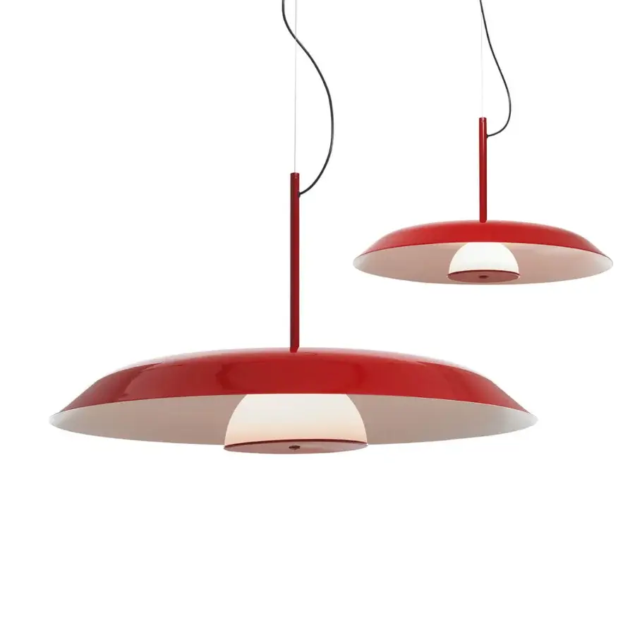 Exceptional Oluce Iride suspension lamp crafted in metal with glossy red exterior and opaline glass diffuser