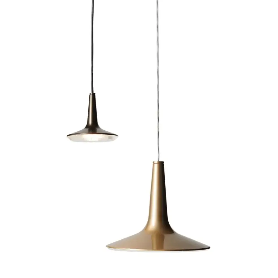 Elegant Oluce Kin suspension lamp crafted in cast aluminum with a warm golden-bronze finish and softly diffused LED core