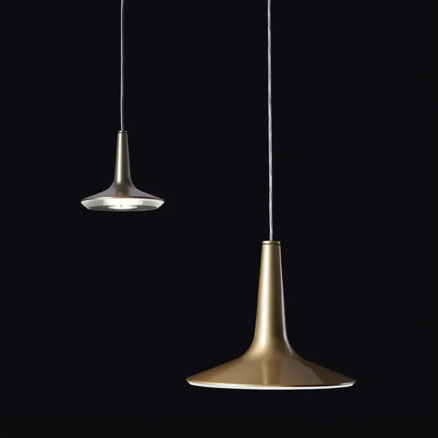 Distinguished Oluce Kin suspension lamp crafted in cast aluminum and methacrylate with a glossy golden tone