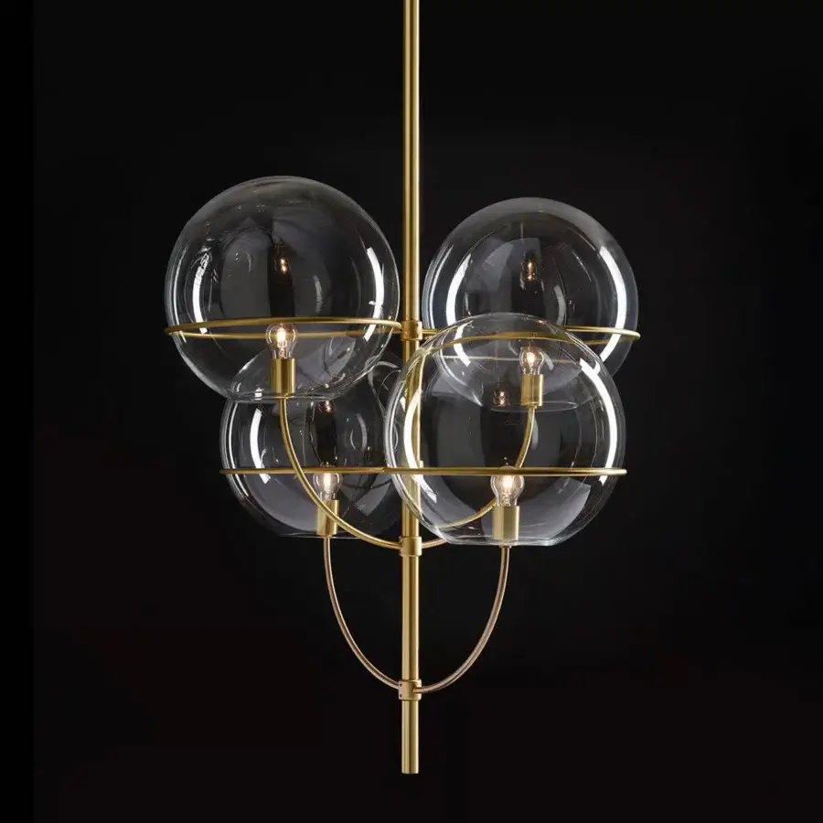 Superior Oluce Lyndon suspension lamp crafted in polished golden metal with clear glass globes and a candelabra structure