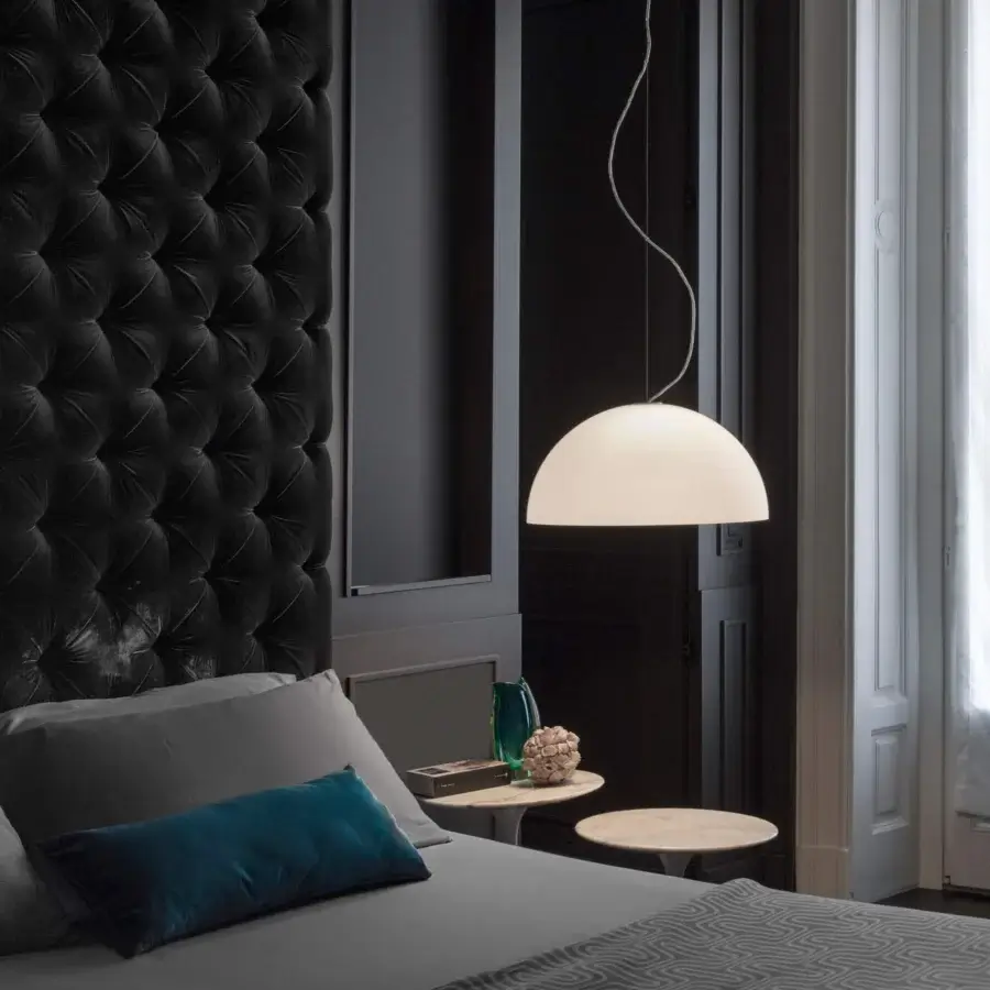 Exceptional Oluce Sonora lamp suspension crafted in Italy with white shade and smooth matte finish
