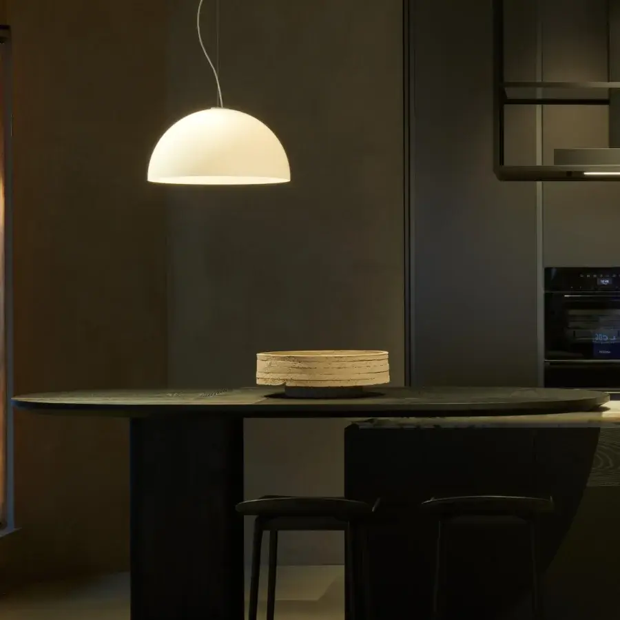 Superior Oluce Sonora lamp suspension crafted in Italy with off-white dome and smooth curved lines