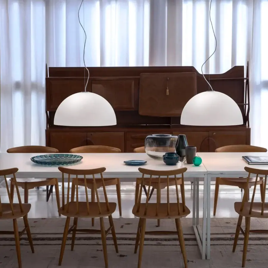 Elegant Oluce Sonora lamp suspension crafted in Italy with a broadly rounded shape and smooth matte white finish