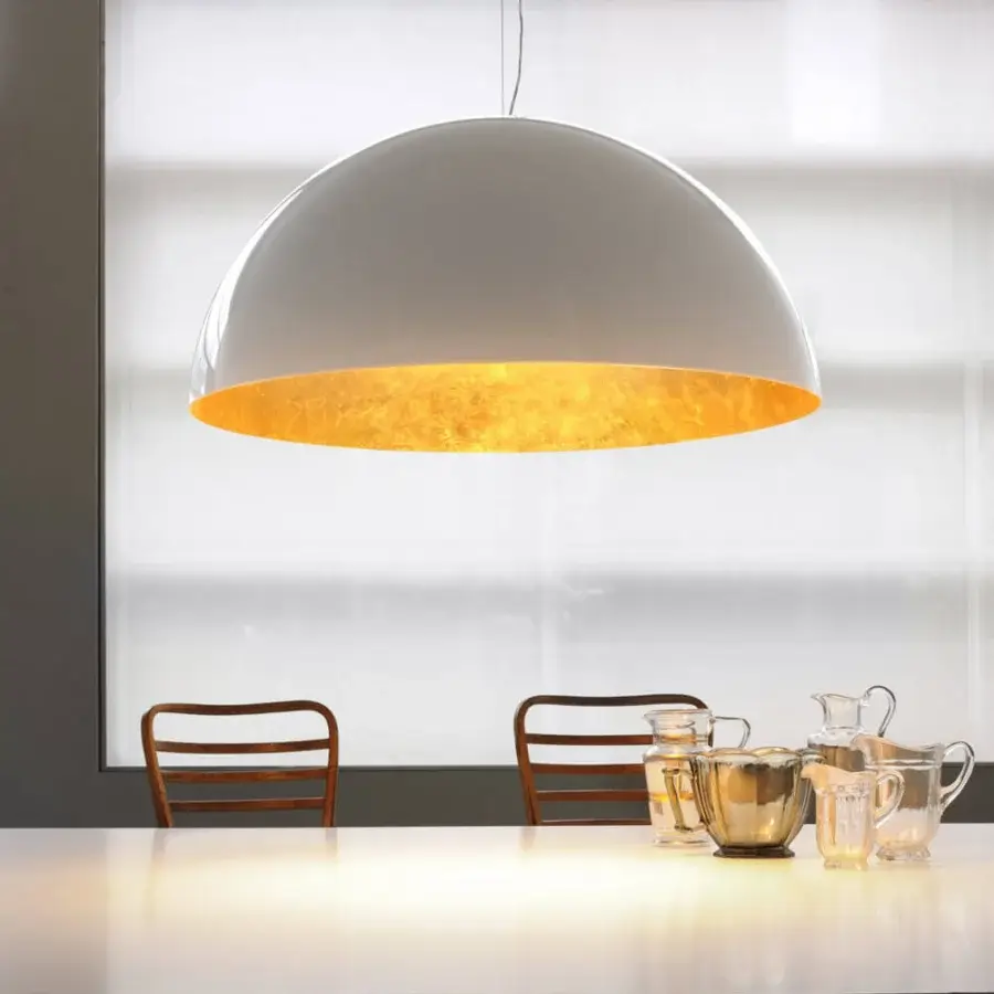 Superior Oluce Sonora lamp suspension crafted in Italy with white exterior and warm golden interior