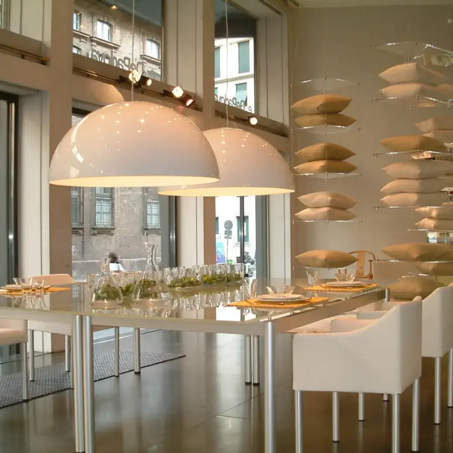 Distinguished Oluce Sonora lamp suspension in warm white with glossy smooth finish and satin silver-toned metal rod crafted in Italy