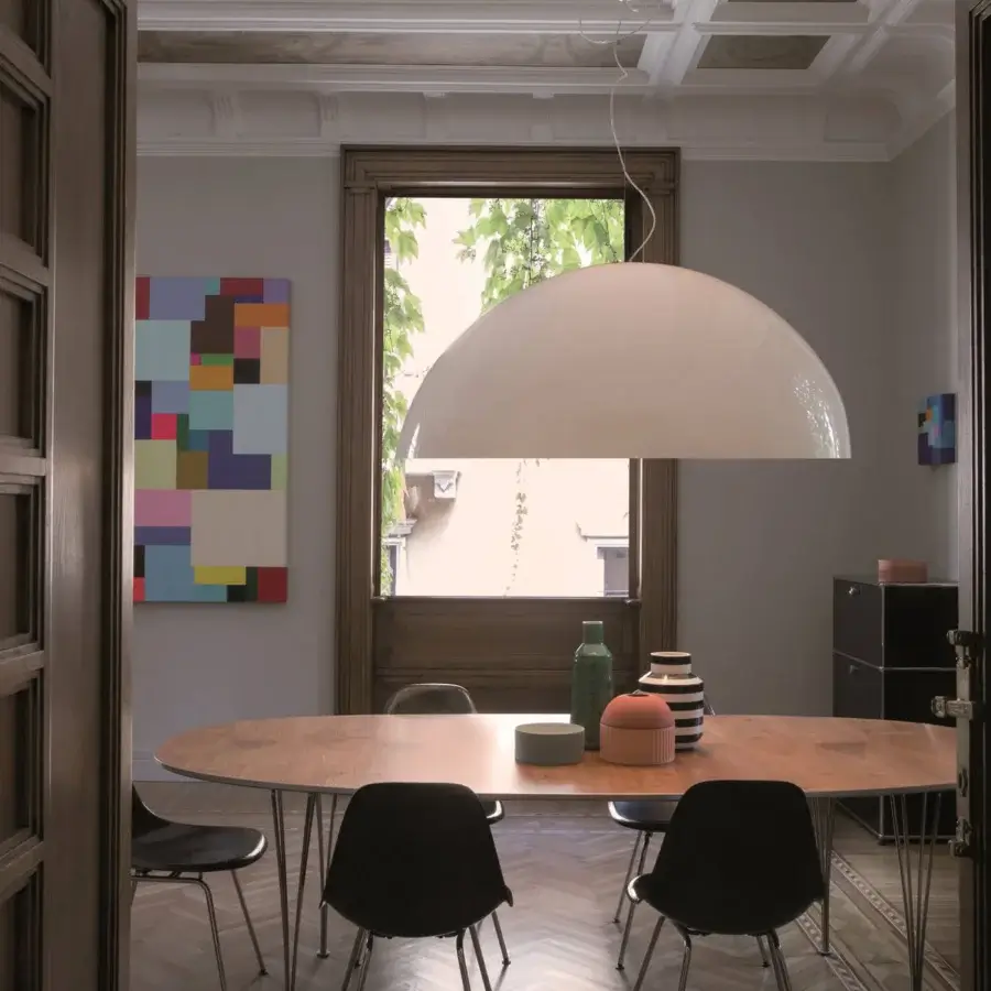 Exceptional Oluce Sonora lamp suspension crafted in Italy with off-white hue and smooth satin finish