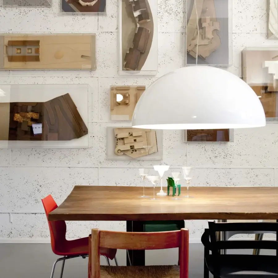 Elegant Oluce Sonora lamp suspension with opaque material and glossy white finish crafted in Italy