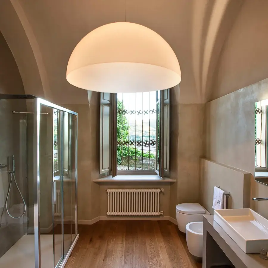 Exceptional Oluce Sonora lamp suspension in translucent synthetic material with a smooth matte warm white finish