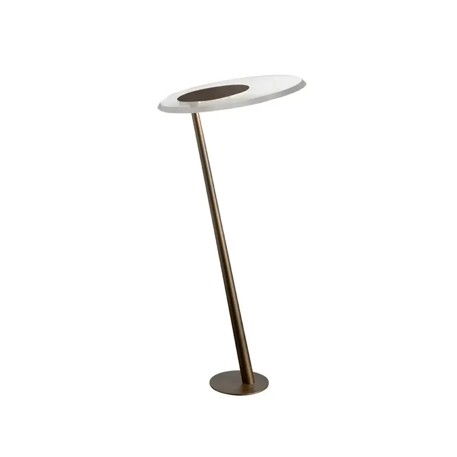 Distinguished Oluce Amanita floor lamp crafted in bronze-toned metallic with a white lampshade and gently curved elongated lines