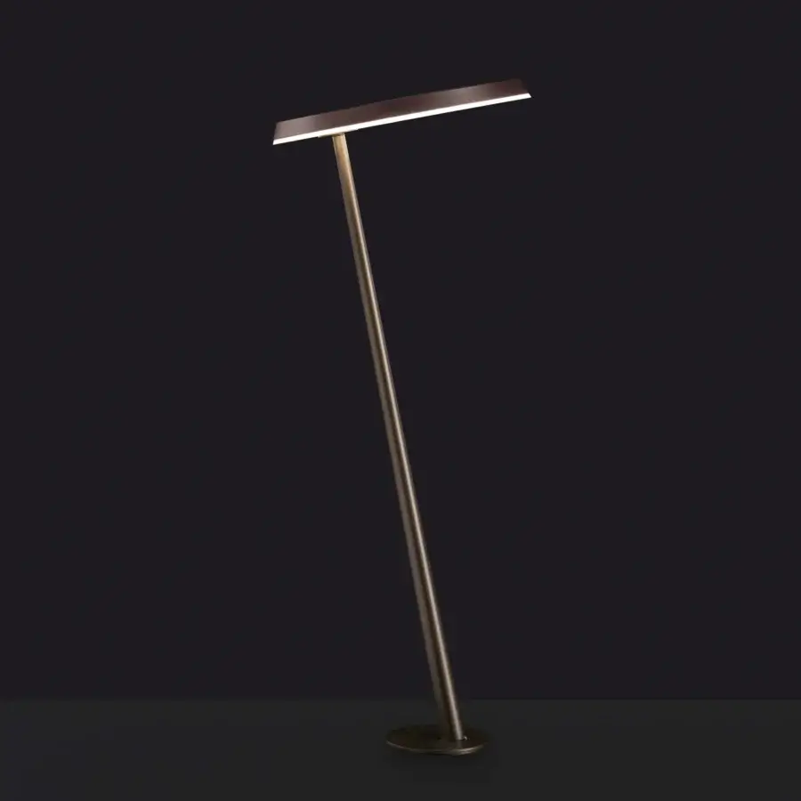 Elegant Oluce Amanita floor lamp with a dark gray metal frame and refined satin finish creates a striking linear form