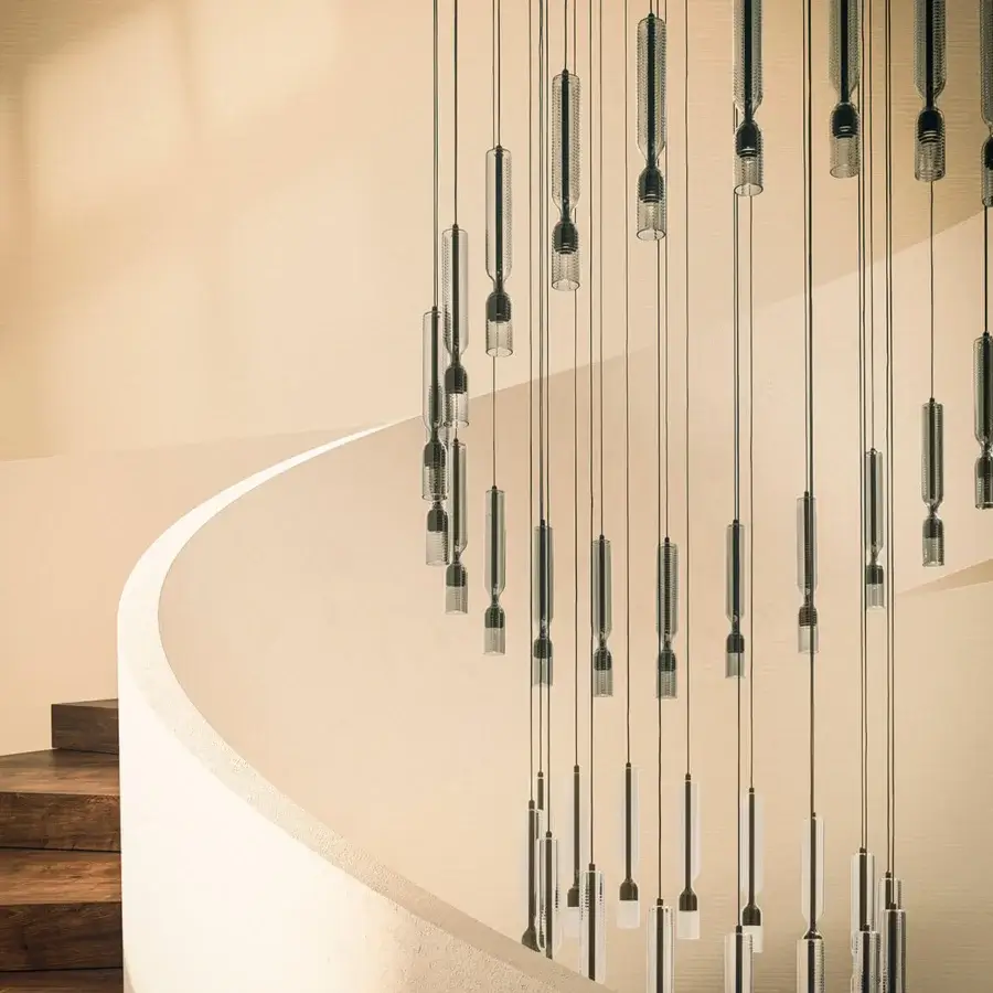 Superior Penta Misty Texture suspension lamp with horizontal engraved lines in dark gray borosilicate glass and aluminum