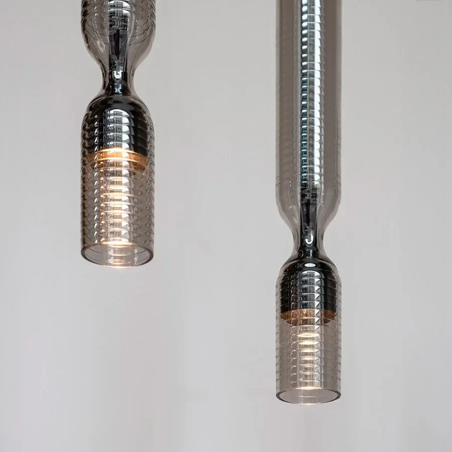 Distinguished Penta Misty Texture suspension lamp crafted in smoky gray borosilicate glass with a textured surface and aluminum core