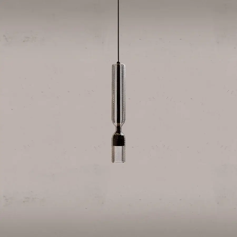 Exceptional Penta Misty Texture suspension lamp in translucent gray borosilicate glass with delicate horizontal engraved lines