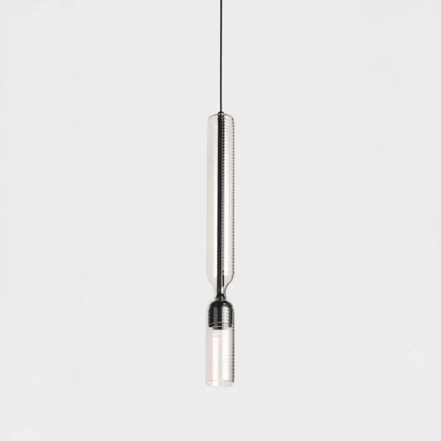 Elegant Penta Misty Texture suspension lamp in clear borosilicate glass and dark matte engineered aluminum with engraved lines
