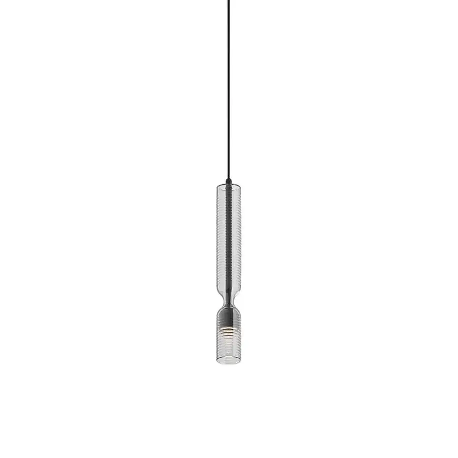 Distinguished Penta Misty Texture suspension lamp crafted in borosilicate glass with polished silver-toned aluminum and delicate ribbed texture