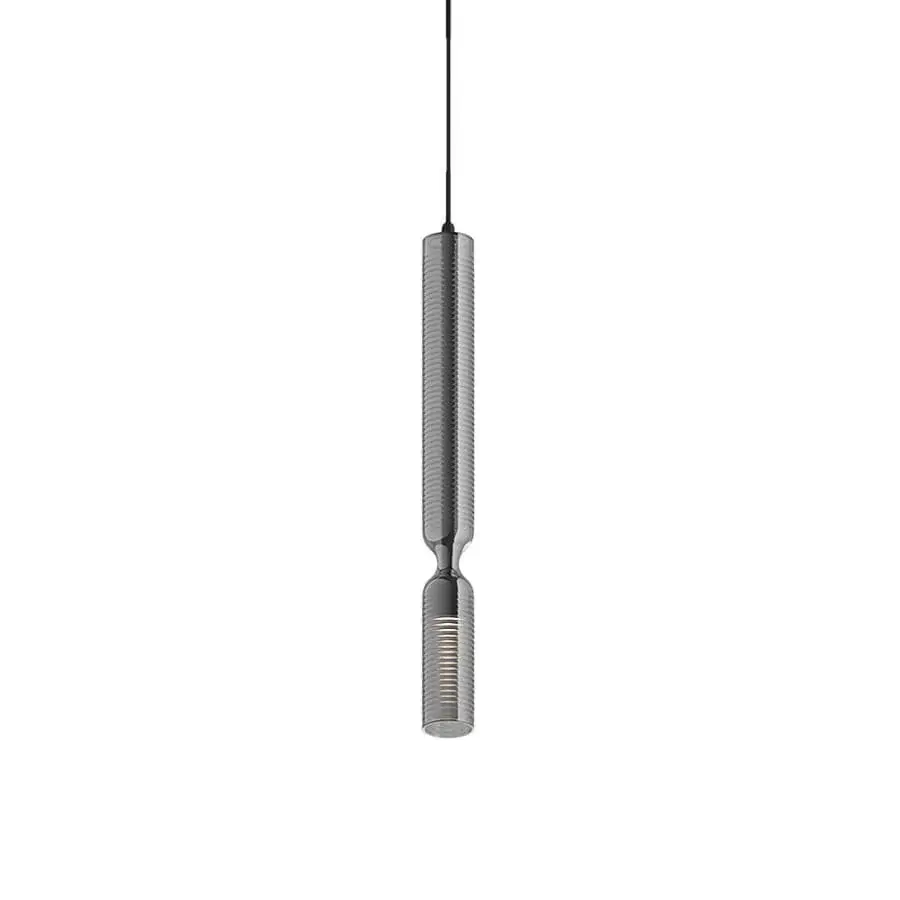 Superior Penta Misty Texture suspension lamp in borosilicate glass and aluminum with satin silver-grey finish and engraved lines