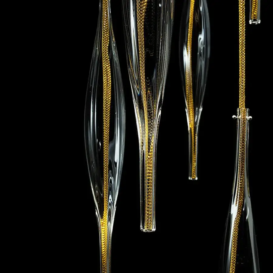Lavish melogranoblu Hydra - Beta suspension lamp with fifteen hand-blown glass pendants and woven golden material in mirror-finished metal