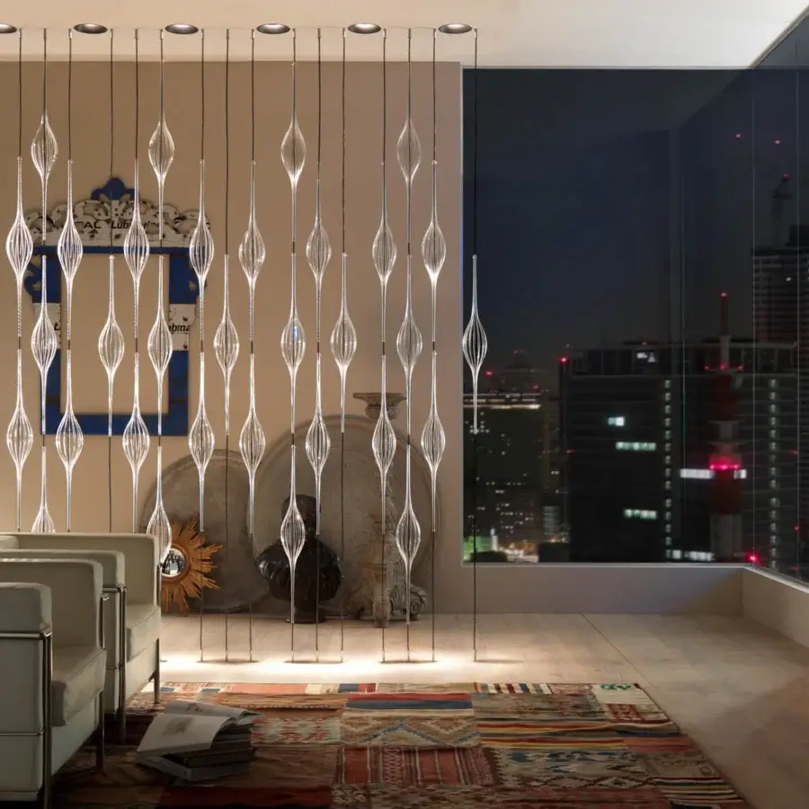 Lavish melogranoblu Hydra - Beta suspension lamp with fifteen clear hand-blown glass pendants and colored metallic cords crafted in Italy