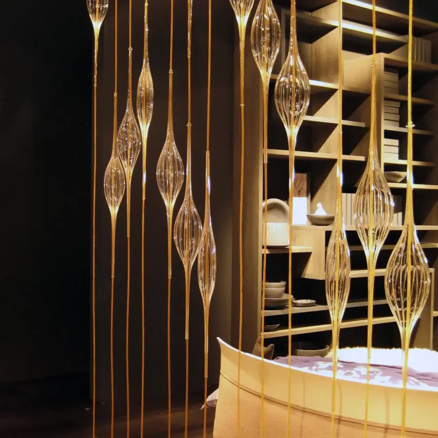 Superior melogranoblu Hydra - Beta suspension lamp with fifteen hand-blown glass pendants and ten colored metallic cords crafted in Italy