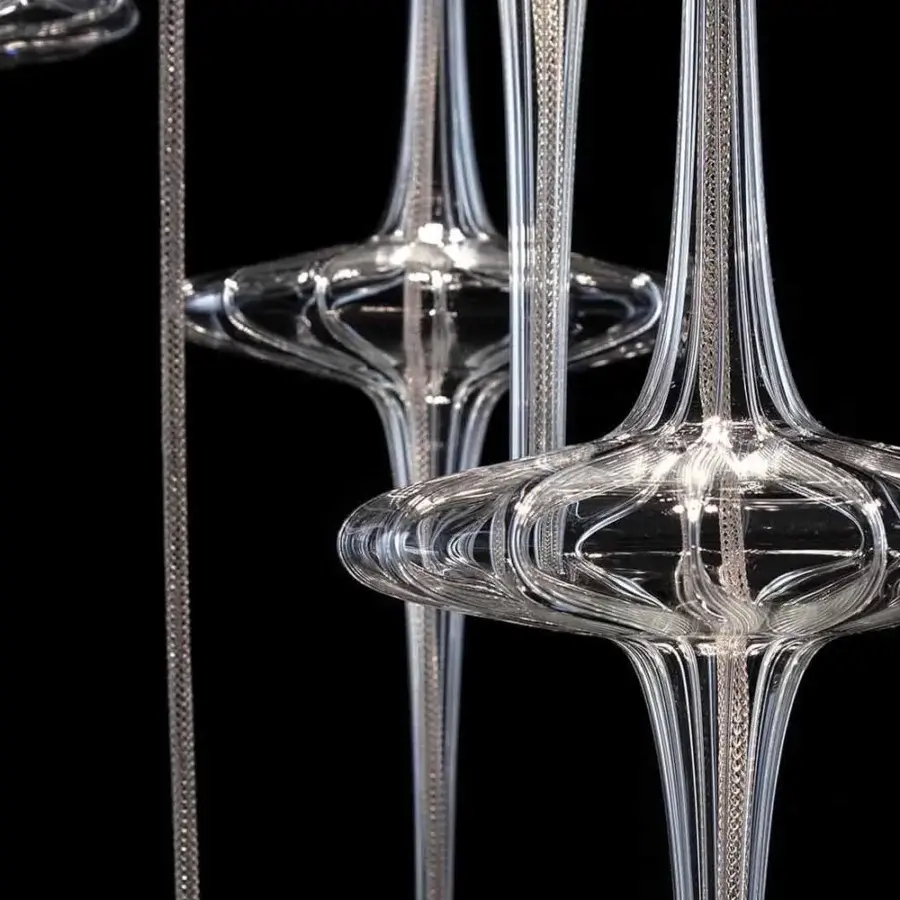 Lavish melogranoblu Hydra Datura suspension lamp with ten hand-blown glass pendants and colored metallic cords crafted in Italy with glossy finish
