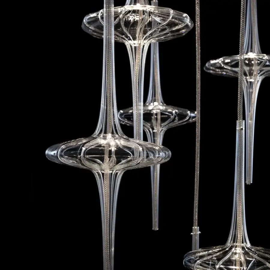 Exceptional melogranoblu Hydra Datura suspension lamp with ten hand-blown glass pendants and mirror metal ceiling light