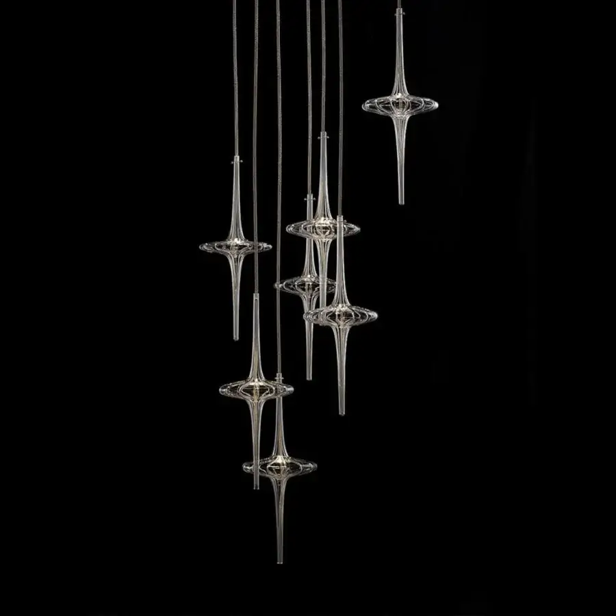 Exceptional melogranoblu Hydra Datura suspension lamp with a mirror finish ceiling light and hand-blown glass pendants crafted in Italy