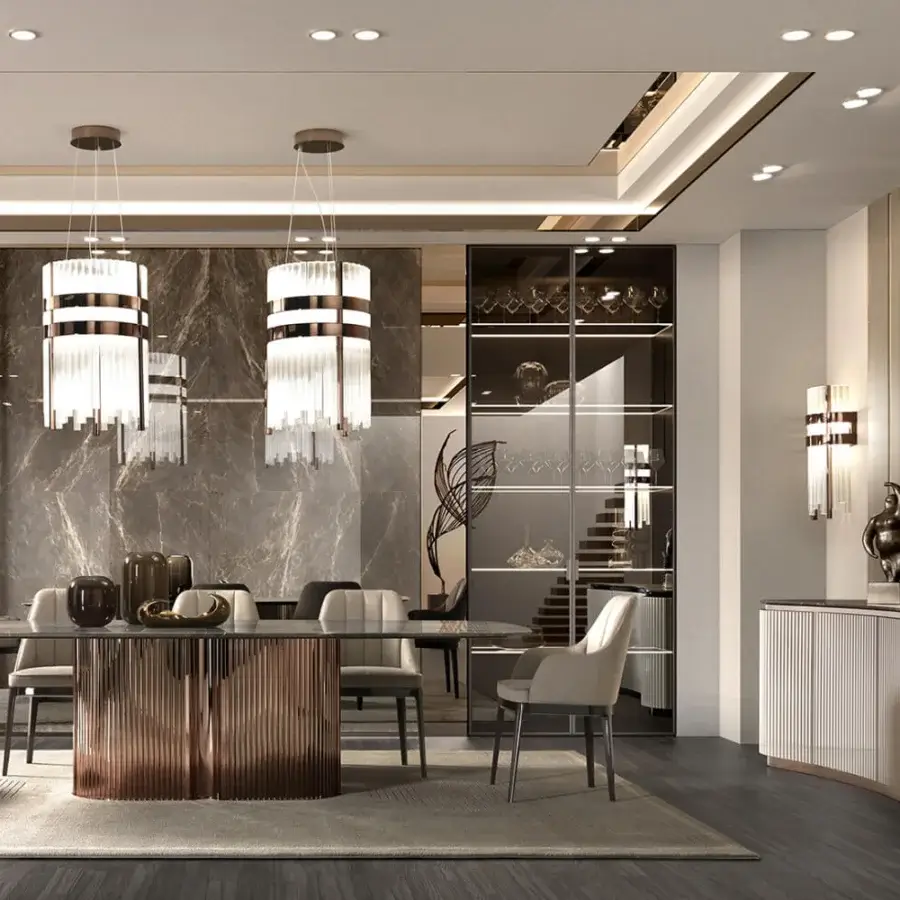 Superior DV Home Collection Elite suspension lamp with refined metallic finish and clear canneté glass shades crafted in Italy