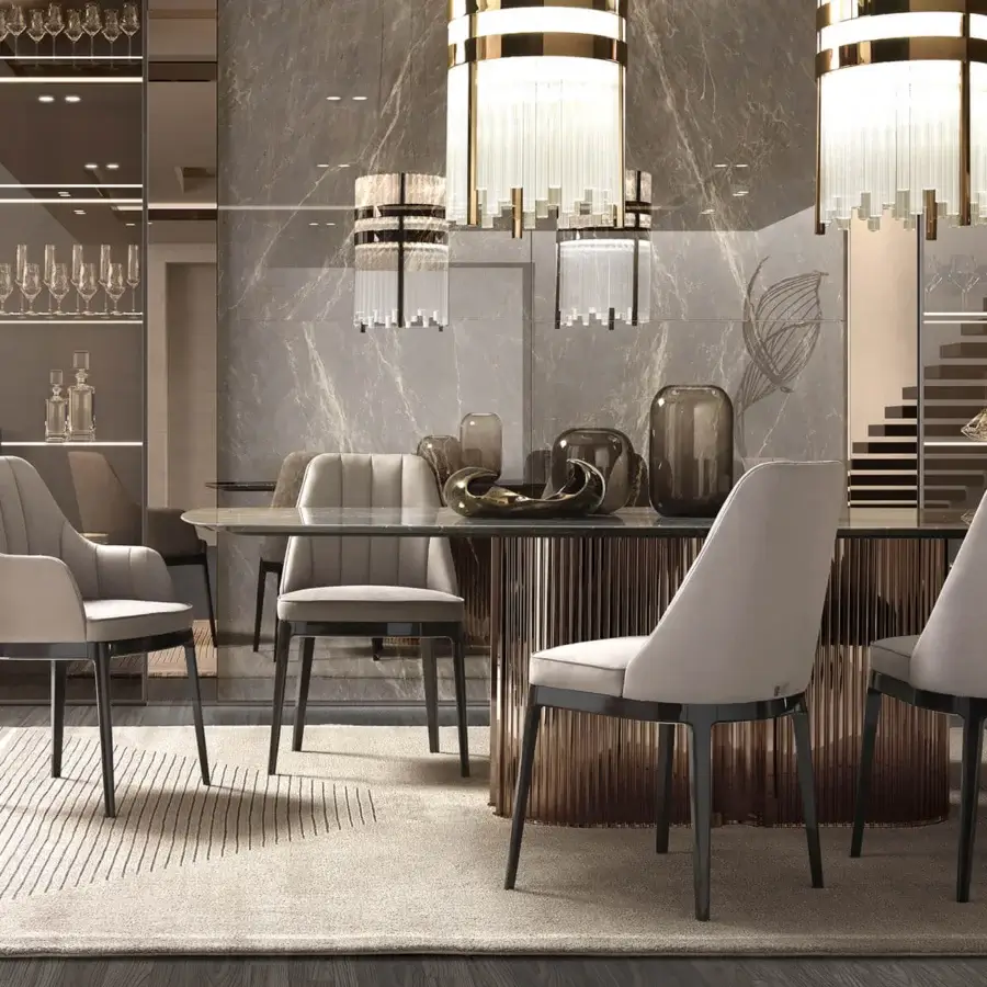 Distinguished DV Home Collection Elite suspension lamp with warm gold tone, silver metallic details and clear canneté glass crafted in Italy