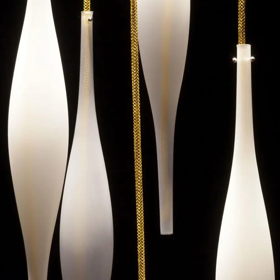 Lavish melogranoblu Hydra - Delta suspension lamp with fifteen hand-blown frosted glass pendants and golden metallic cords crafted in Italy