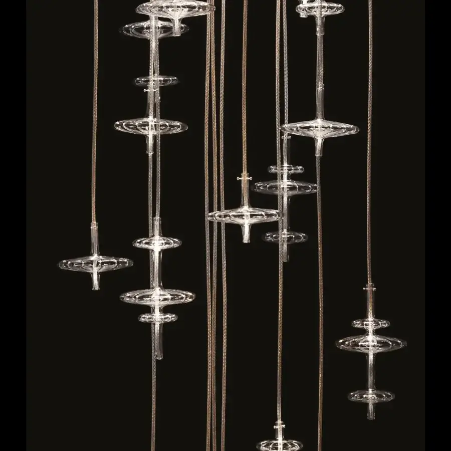 Exceptional melogranoblu Hydra - Gamma suspension lamp with hand-blown glass pendants and colored metallic cords crafted in Italy with a mirror finish