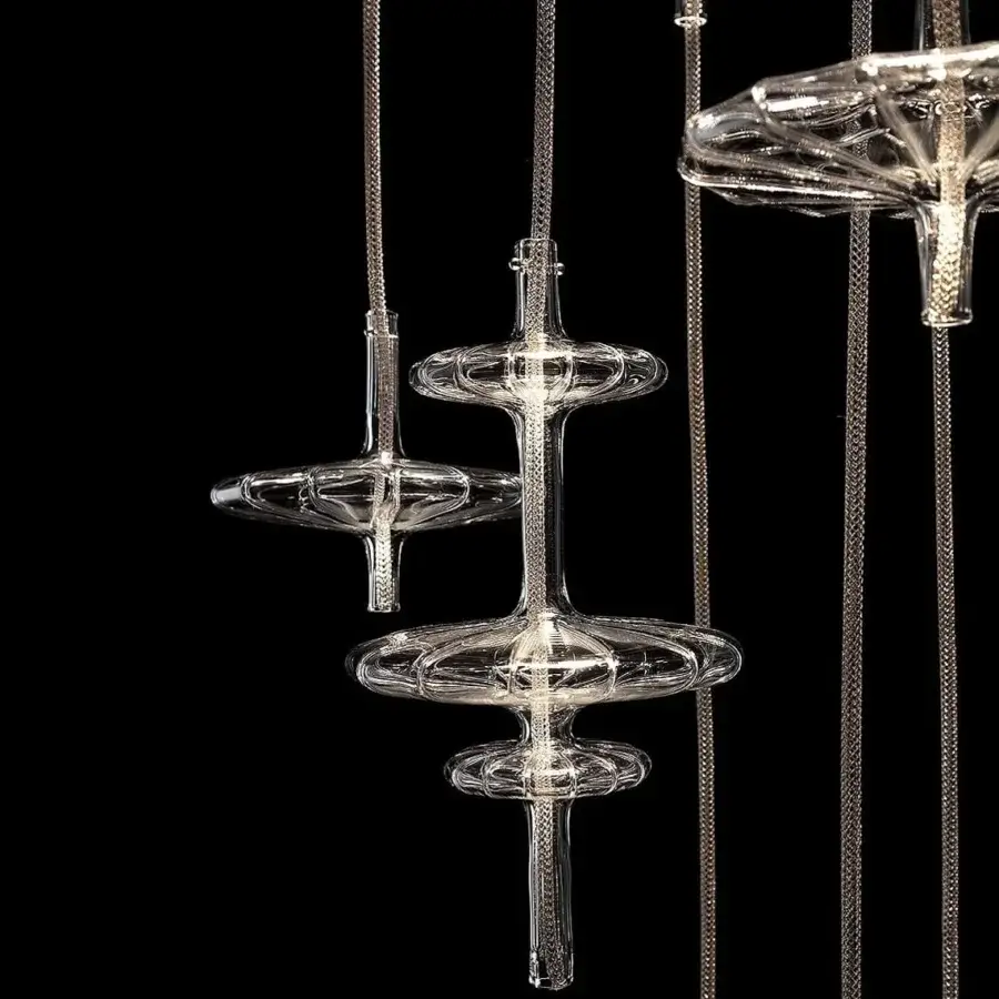 Captivating melogranoblu Hydra - Gamma suspension lamp with colored metallic cords and transparent handblown glass diffusers in mirror finish