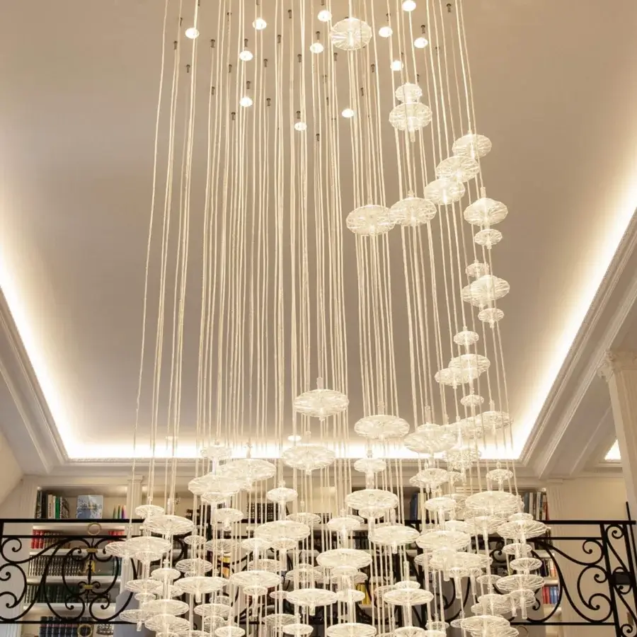 Lavish melogranoblu Hydra - Gamma suspension lamp crafted with hand-blown glass and connected by colored metallic cords for architectural interiors