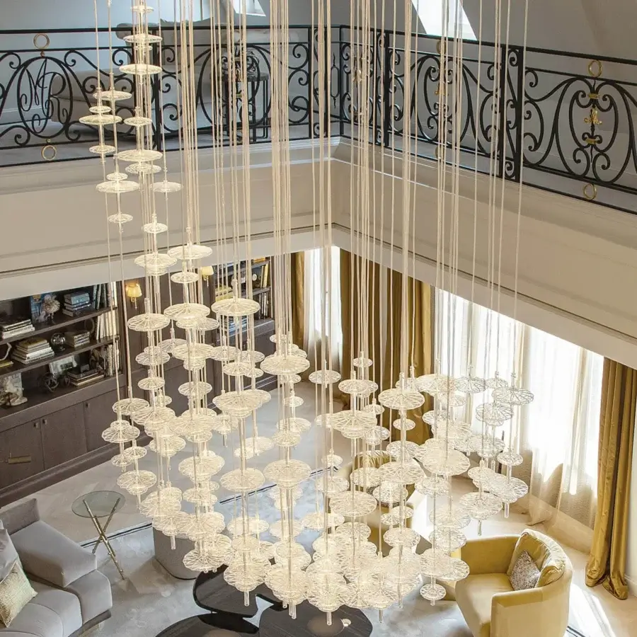 Distinguished melogranoblu Hydra - Gamma suspension lamp with translucent glass pendants and colored metallic cords crafted in Italy