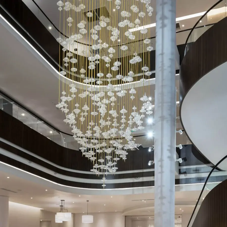 Exceptional melogranoblu Hydra - Gamma suspension lamp with pale blue hand-blown glass diffusers and mirror-finish metal ceiling light