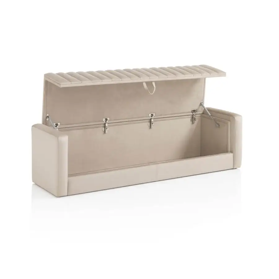 Refined DV Home Collection Hollywood trunk upholstered in neutral beige fabric with elegant vertical quilting