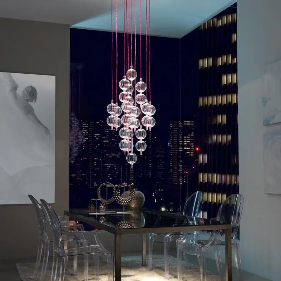 Exceptional melogranoblu Hydra - Lambda suspension lamp with fifteen hand-blown glass pendants and vibrant red cords crafted in Italy