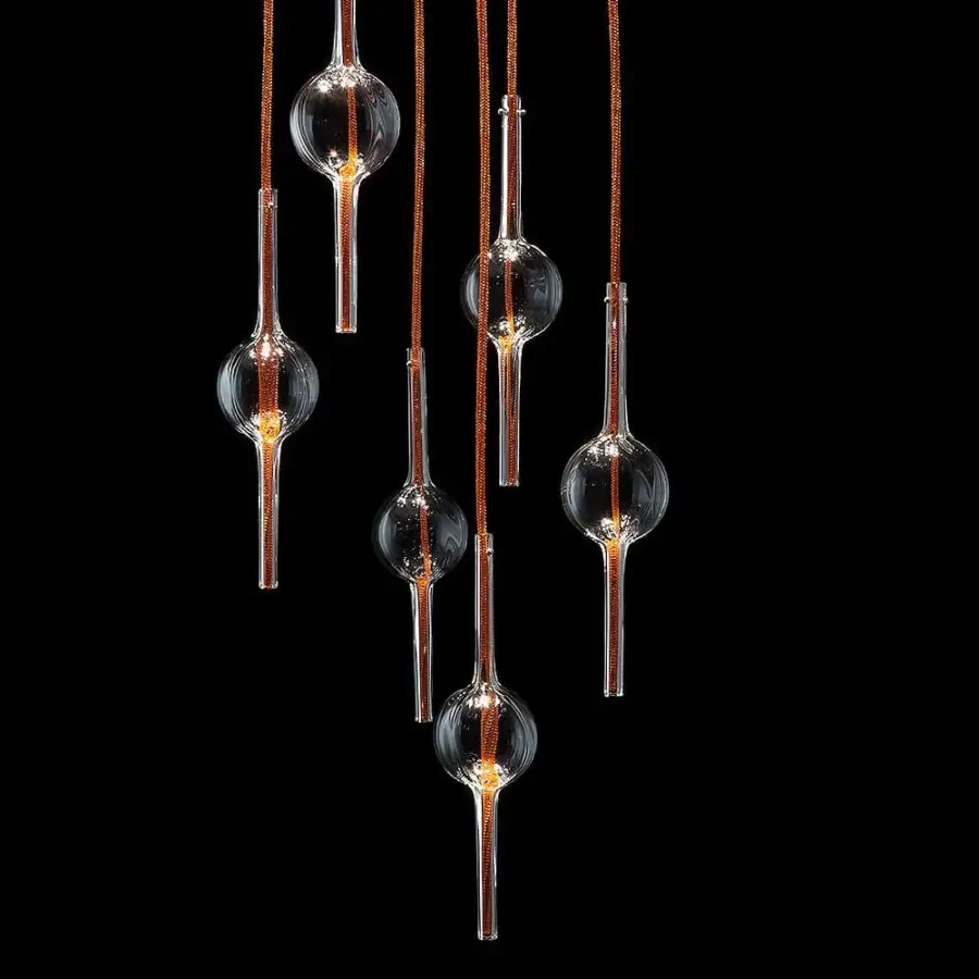 Superior melogranoblu Hydra - Lambda suspension lamp with hand-blown glass pendants and colored metallic cords crafted in Italy with mirror finish