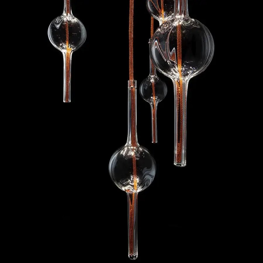 Distinguished melogranoblu Hydra - Lambda suspension lamp with fifteen hand-blown glass pendants and ten colored metallic cords crafted in Italy