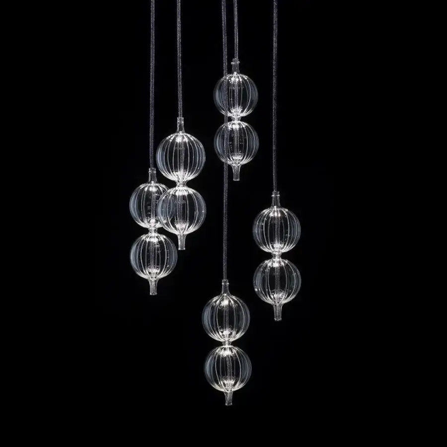 Captivating melogranoblu Hydra - Lambda suspension lamp with fifteen hand-blown glass pendants and colored metallic cords in mirror finish