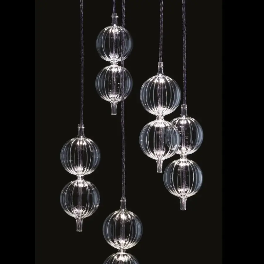 Superior melogranoblu Hydra - Lambda suspension lamp with fifteen hand-blown glass pendants and dark charcoal metallic cords crafted in Italy